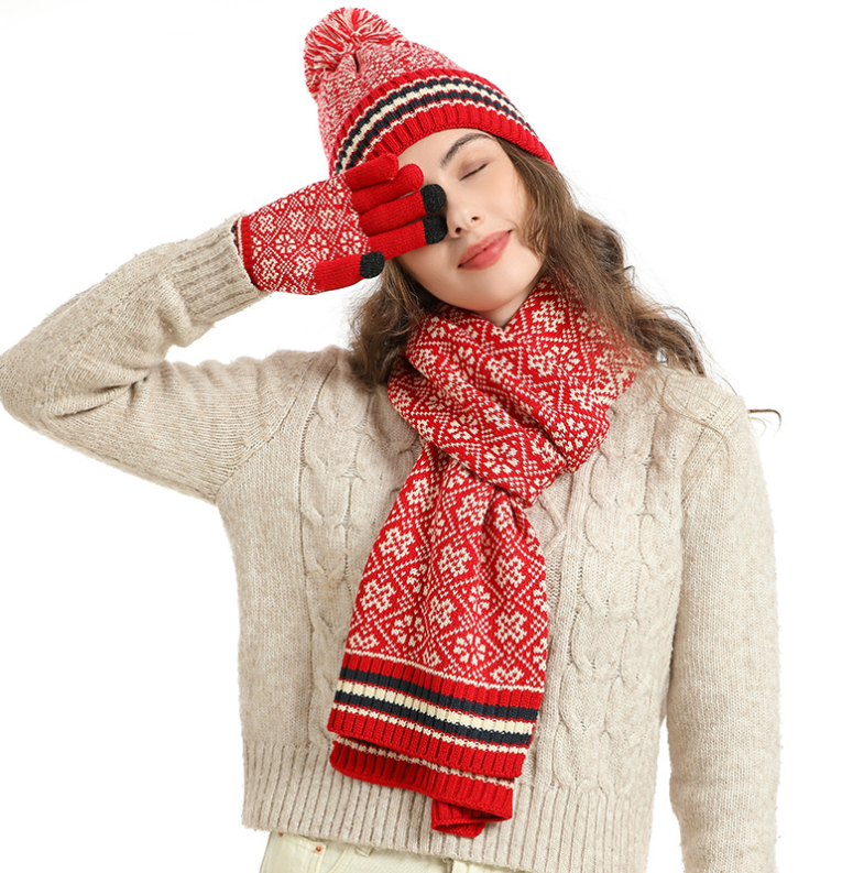 Knit Scarf WoolWarm Hat Scarf Gloves 3 Piecs Sets For Women